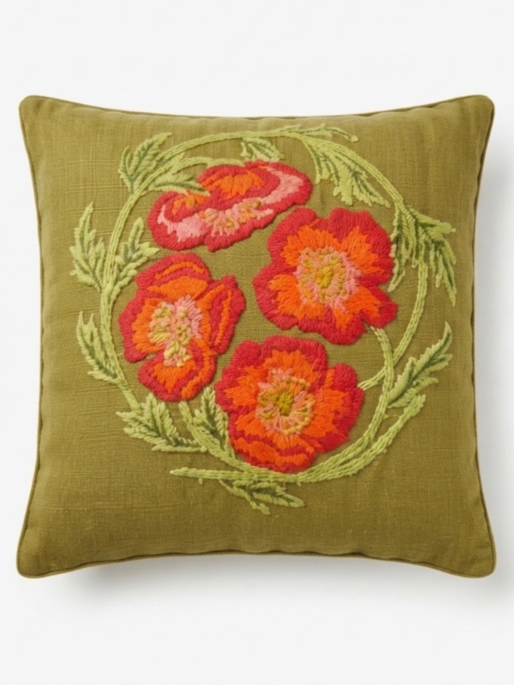 Vintage 1960s Embroidered Poppy Pillow Cover | Olive Green Linen Floral Accent
